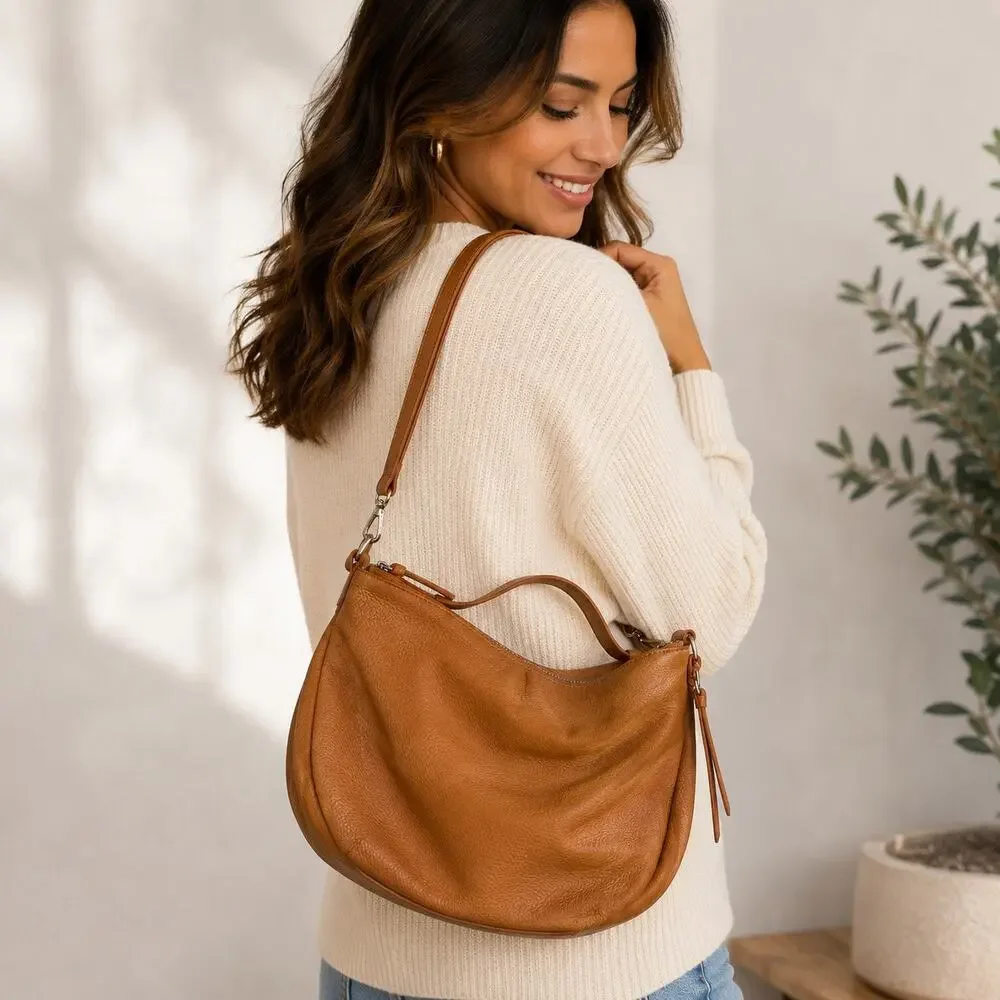Giulia Massari Cognac Leather Hobo Shoulder Bag NWT Slouchy Purse
